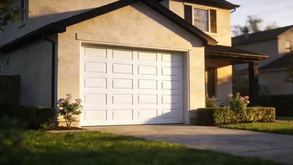 A closed garage door in front of a residential house, showcasing the home's exterior design