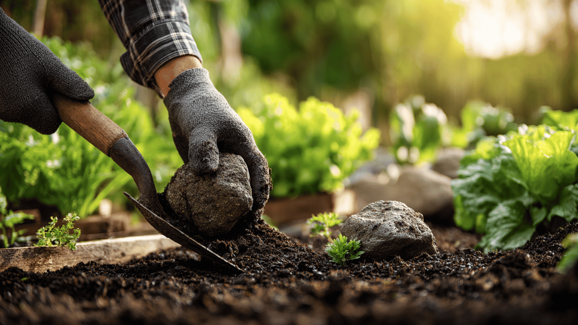 gardener preparing soil with compost and removing weeds before planting cucumber seeds in backyard garden