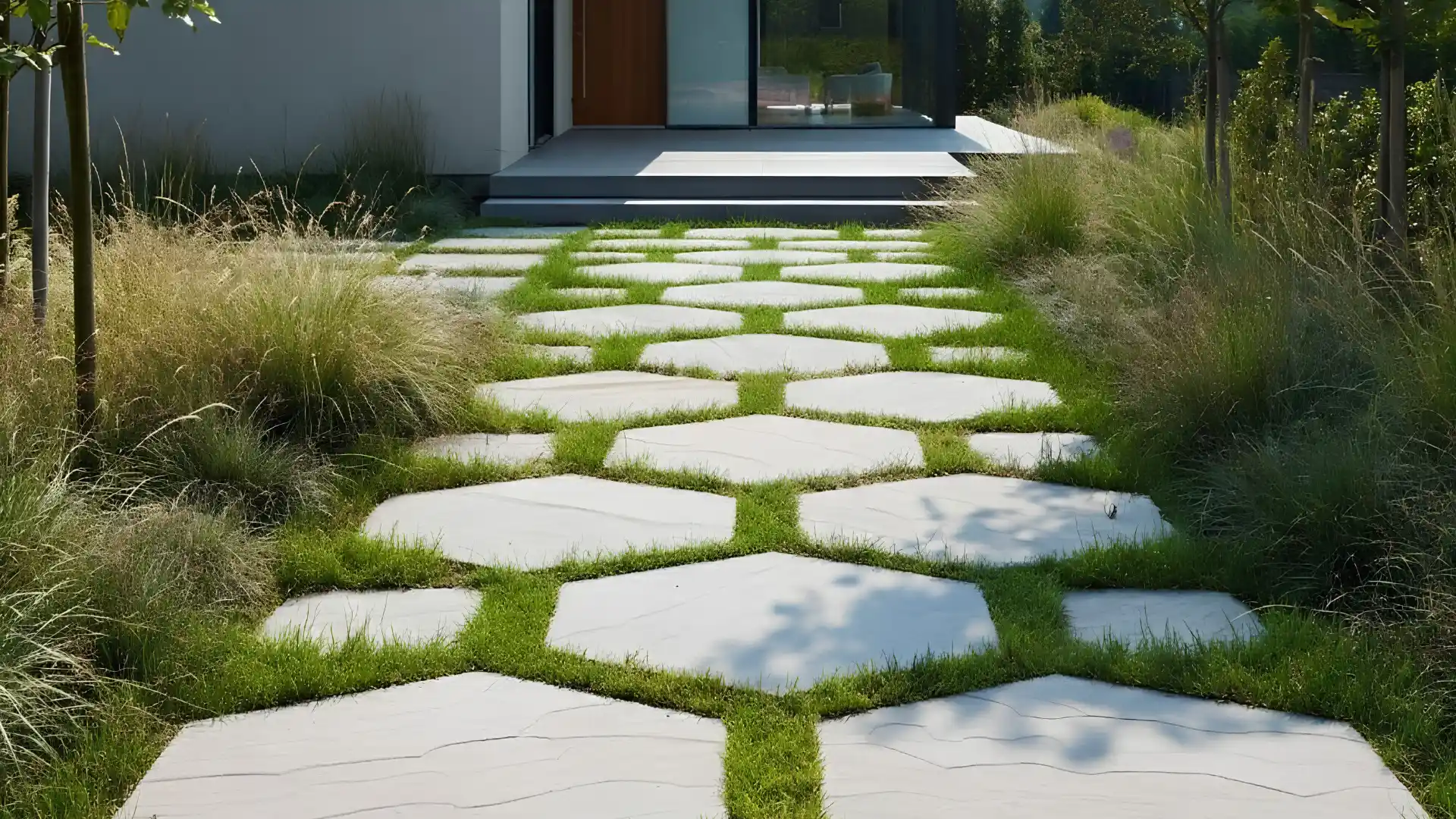 A walkway featuring large, hexagonal stepping stones separated by strips of green grass leading toward a home entrance