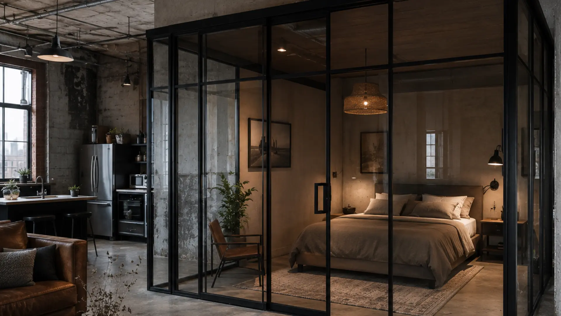 glass cube bedroom loft with black steel frame glass walls mezzanine layout and industrial apartment interior