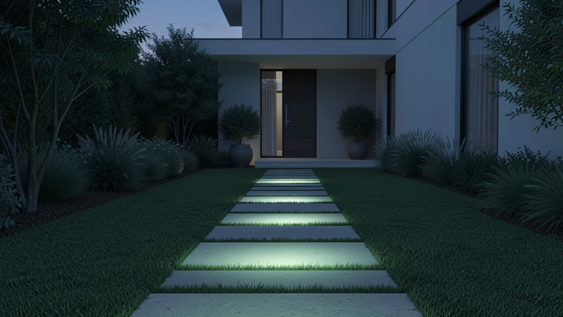 Modern home at dusk with illuminated stone path leading to a wooden door