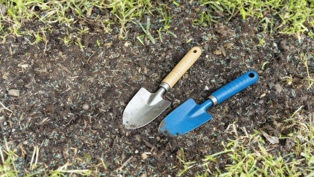 grass seed scattered over dark soil on a patchy lawn for overseeding