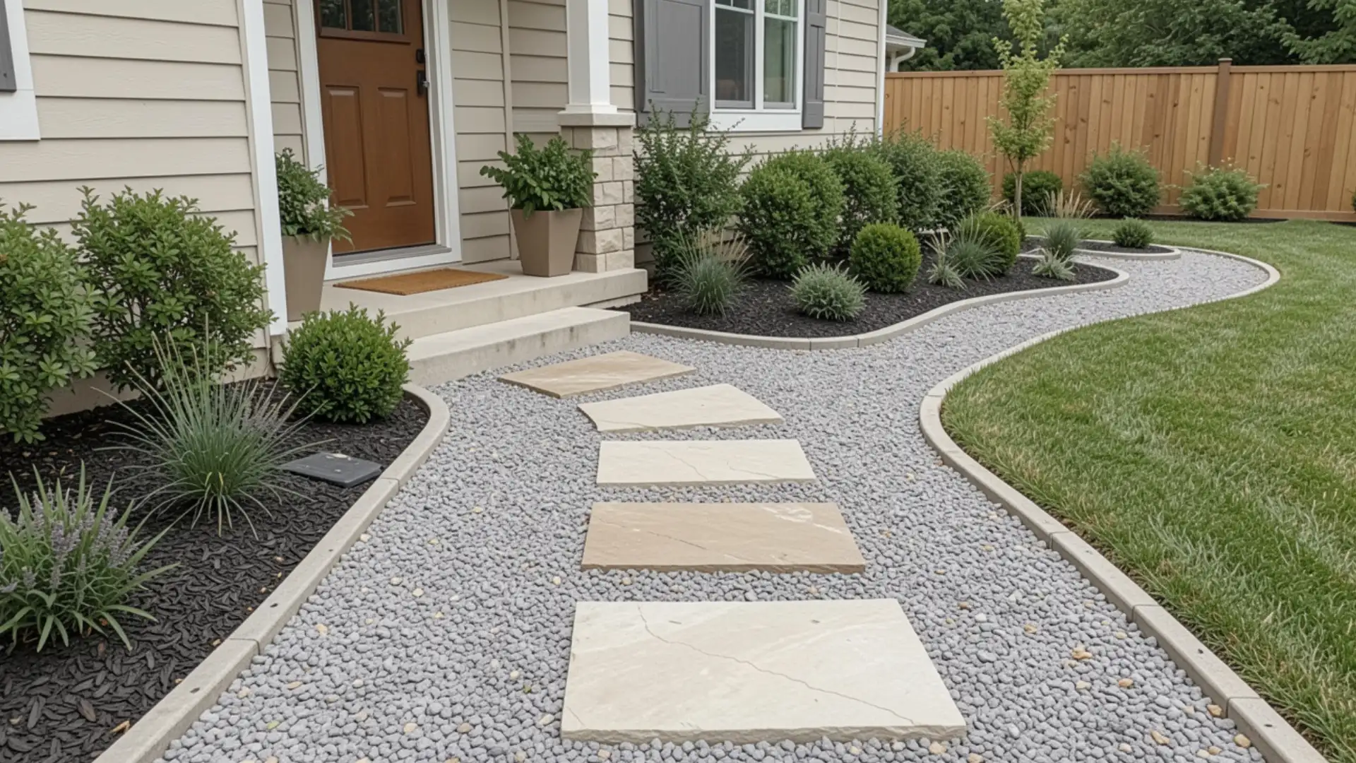 A walkway made of grey river pebbles leads to a front door, featuring large rectangular stepping stones