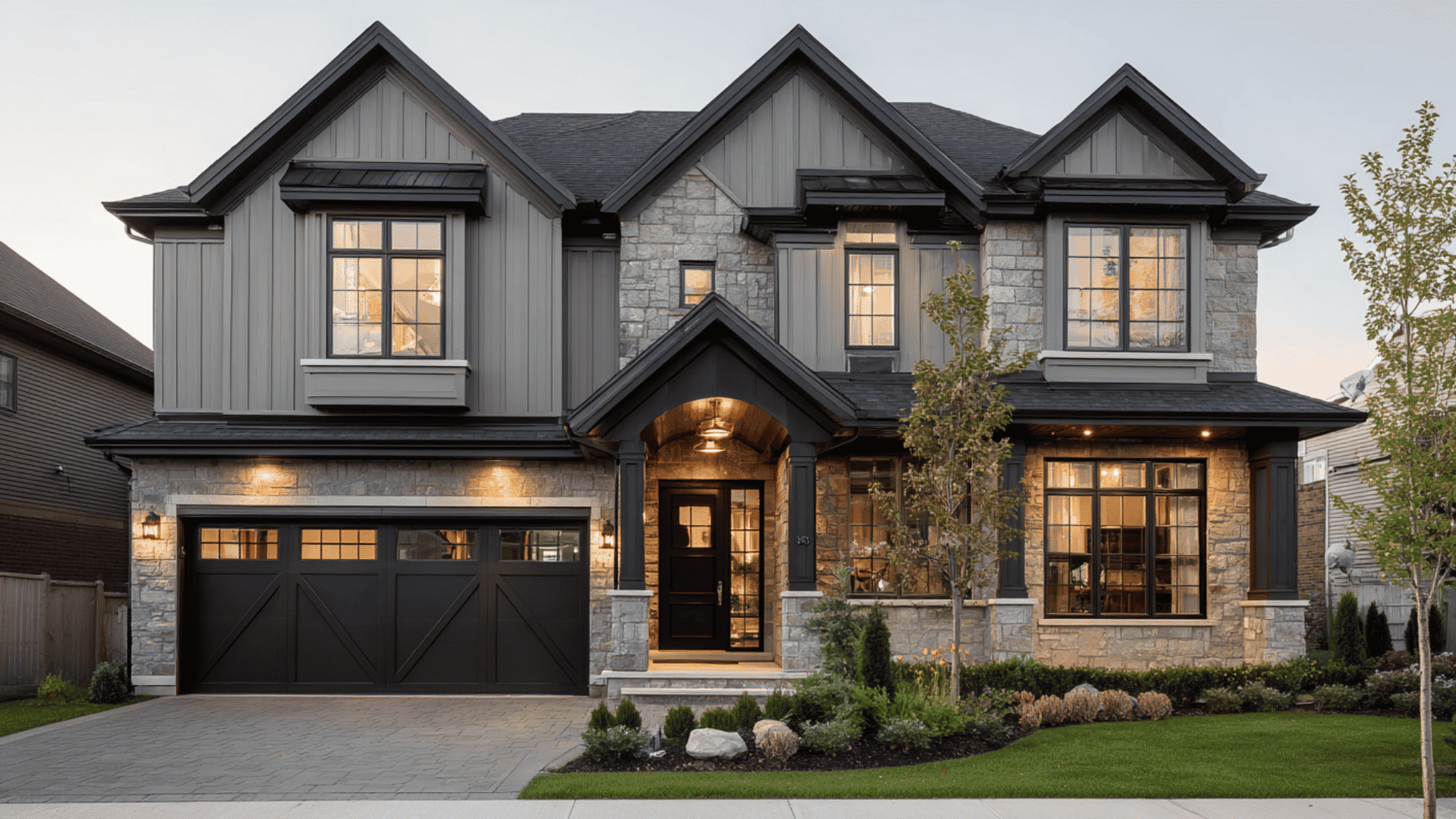 gray house with black trim and elegant suburban curb appeal