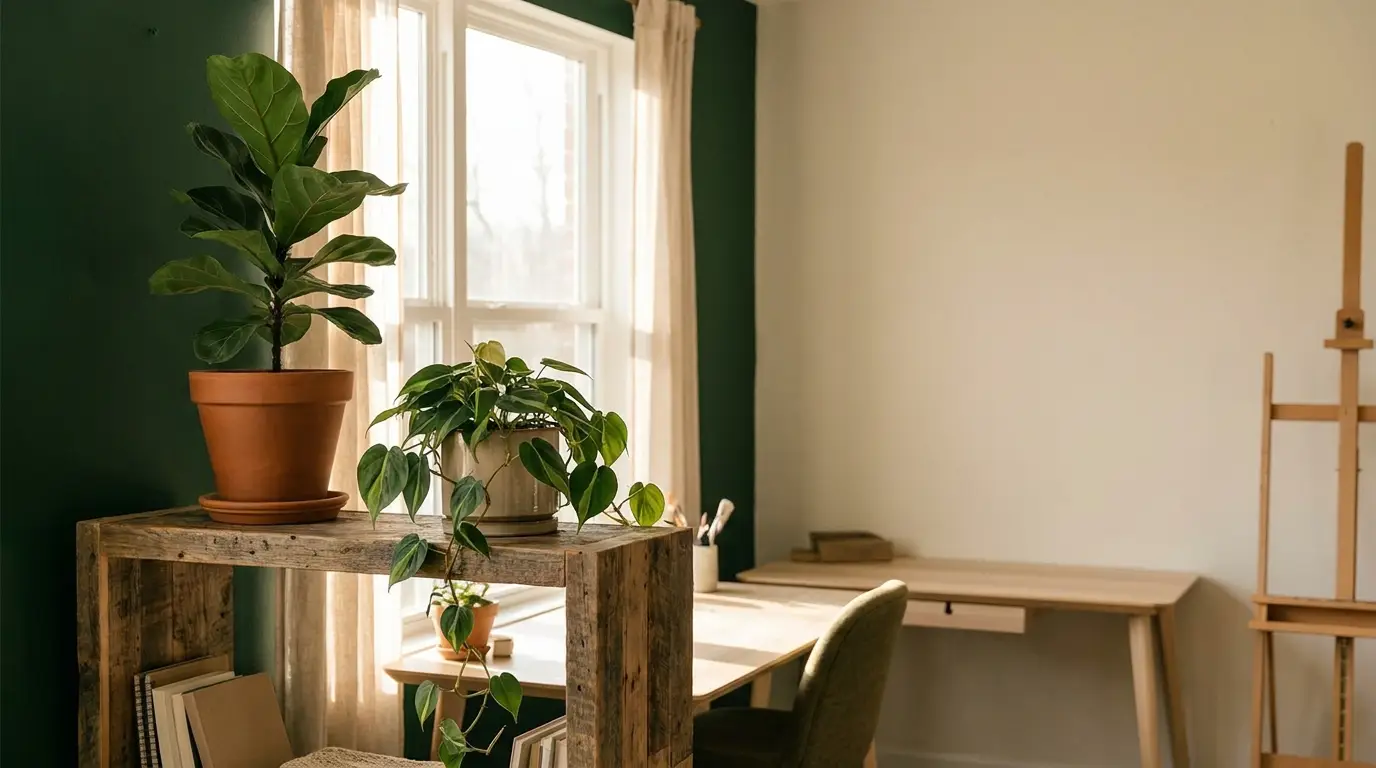 Indoor workspace with potted plants on wooden shelf, desk under window, and art easel nearby