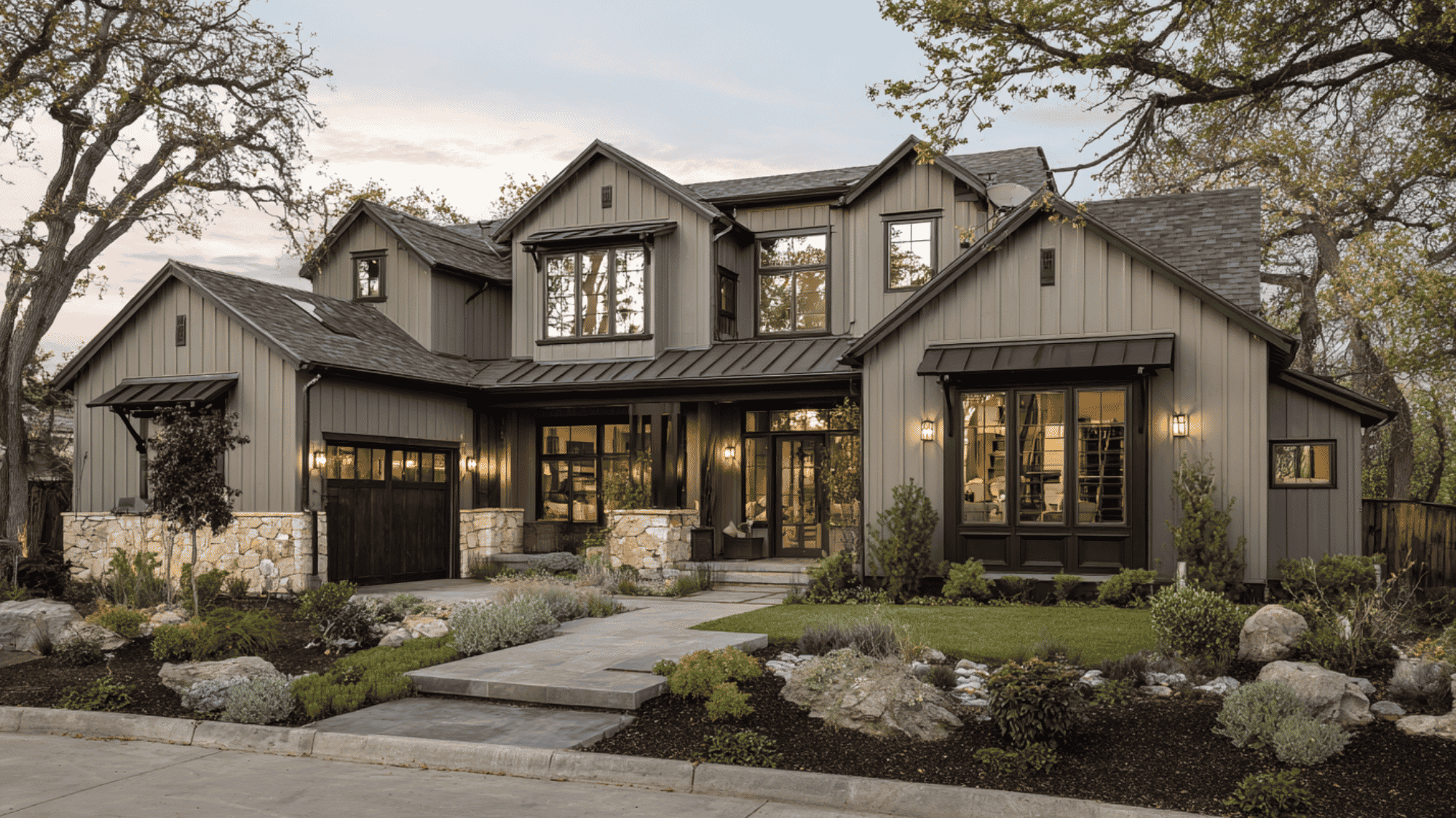 sage green house with black trim and modern farmhouse exterior