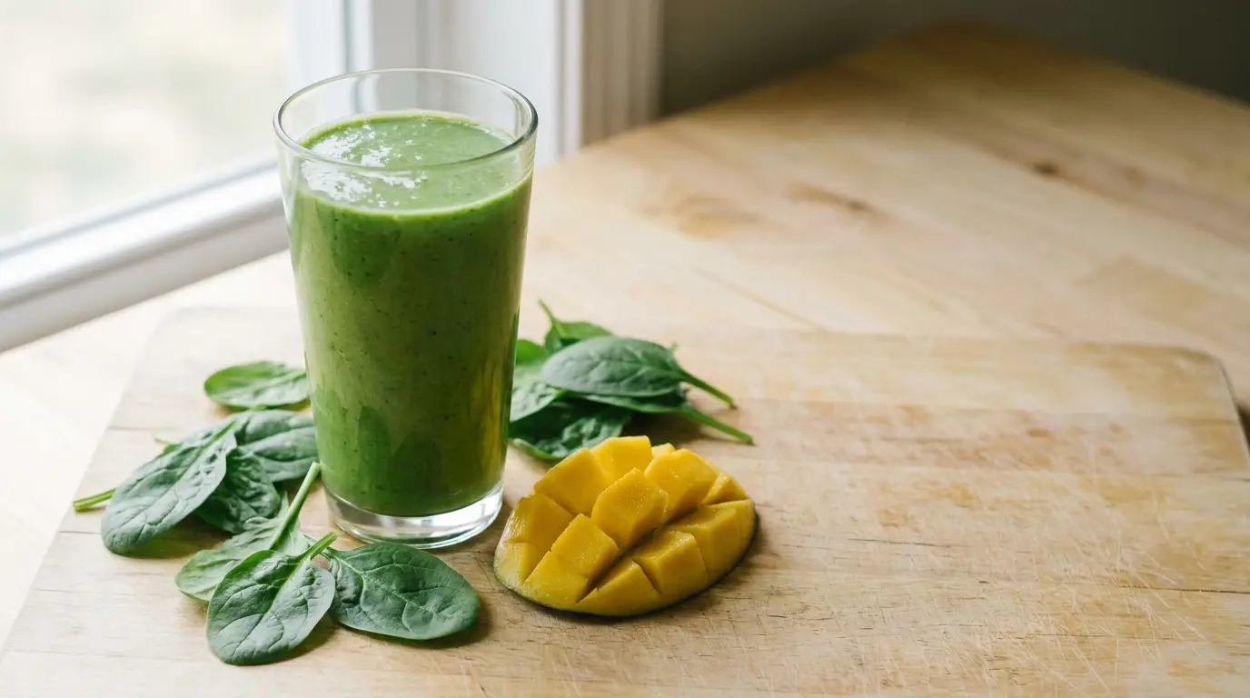 Green smoothie in a glass with spinach leaves and sliced mango on wooden table