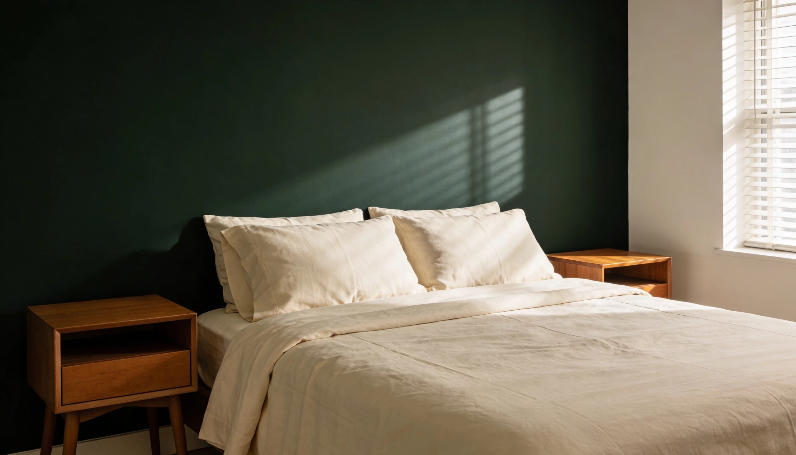 Minimal bedroom with SW 6994 accent wall cream bedding warm wood furniture and soft natural lighting.