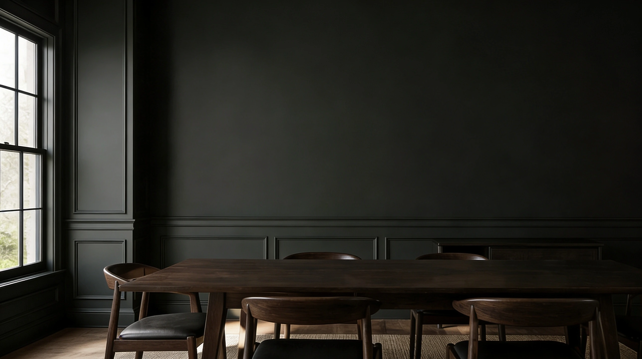 Dining room with SW 6994 walls dark wood dining table and warm pendant lighting.