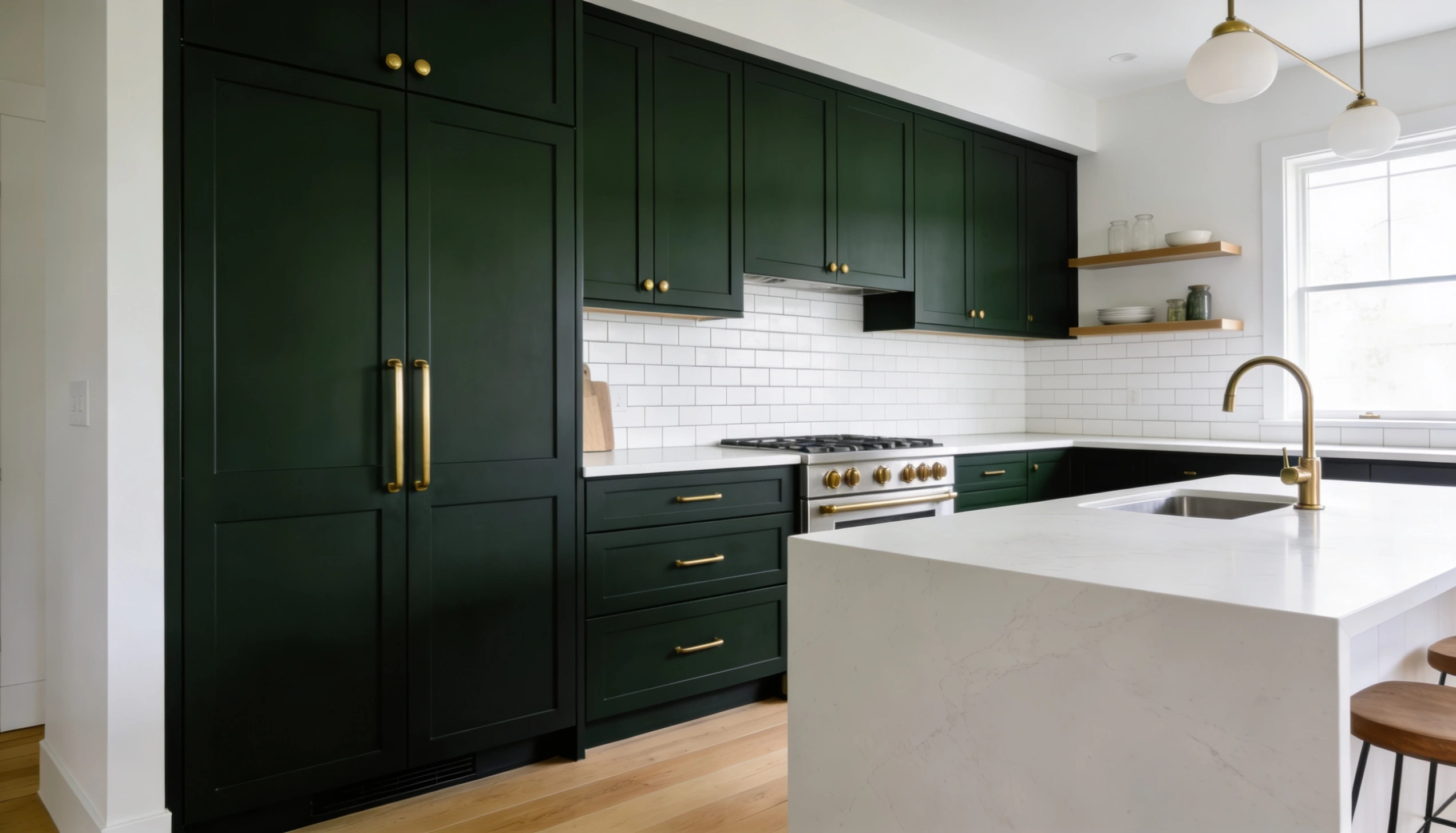 Modern kitchen with Sherwin Williams GreenblackSW 6994 cabinets white quartz countertop brass hardware and light wood flooring