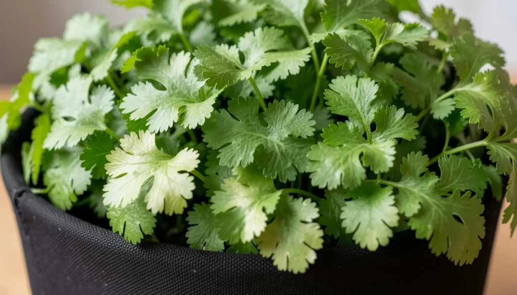 Close-up of vibrant green cilantro leaves growing densely in a dark fabric planter.