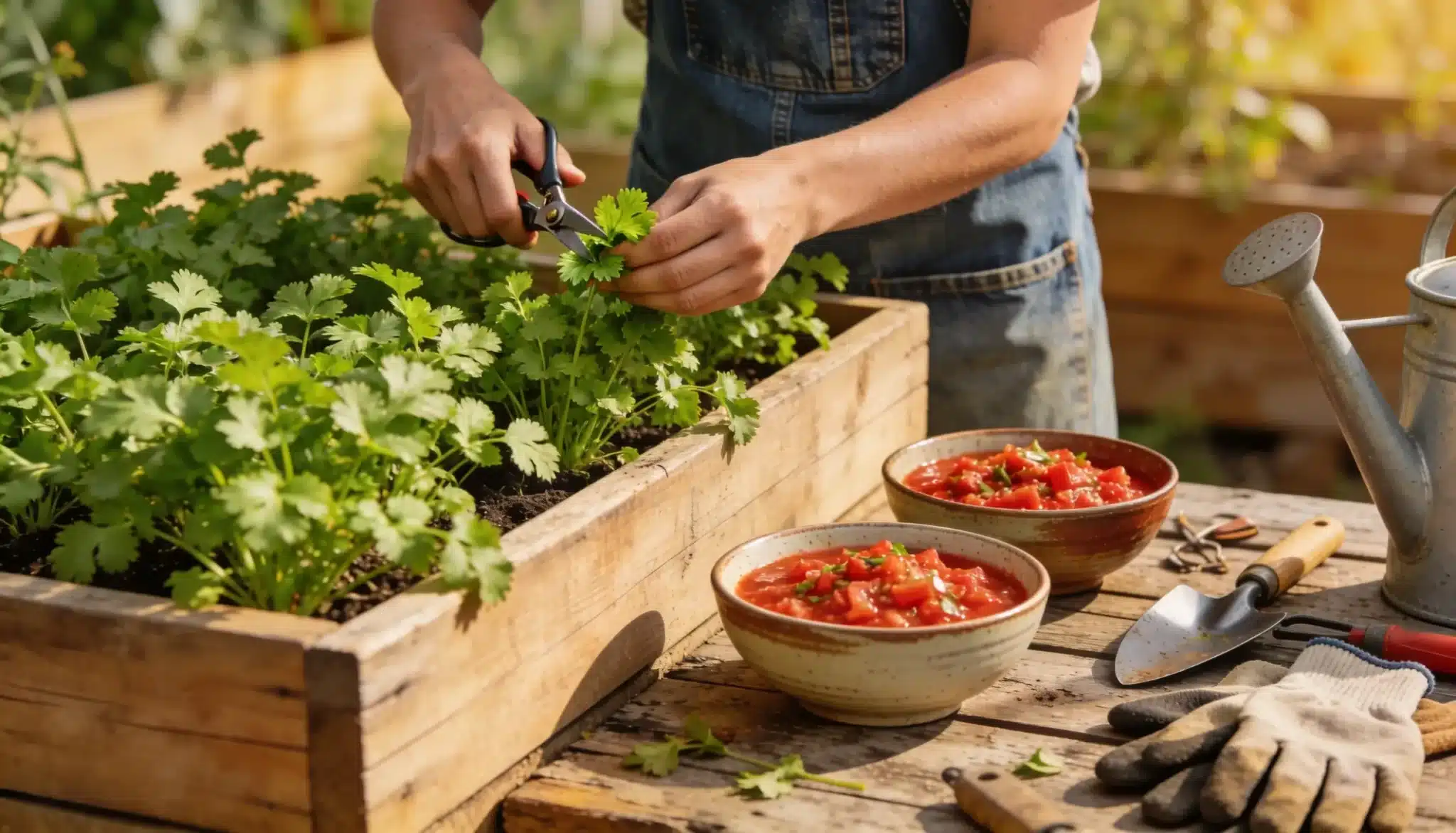 Person in denim apron harvesting fresh cilantro from a raised wooden planter next to bowls of salsa, a watering can, and gardening tools.