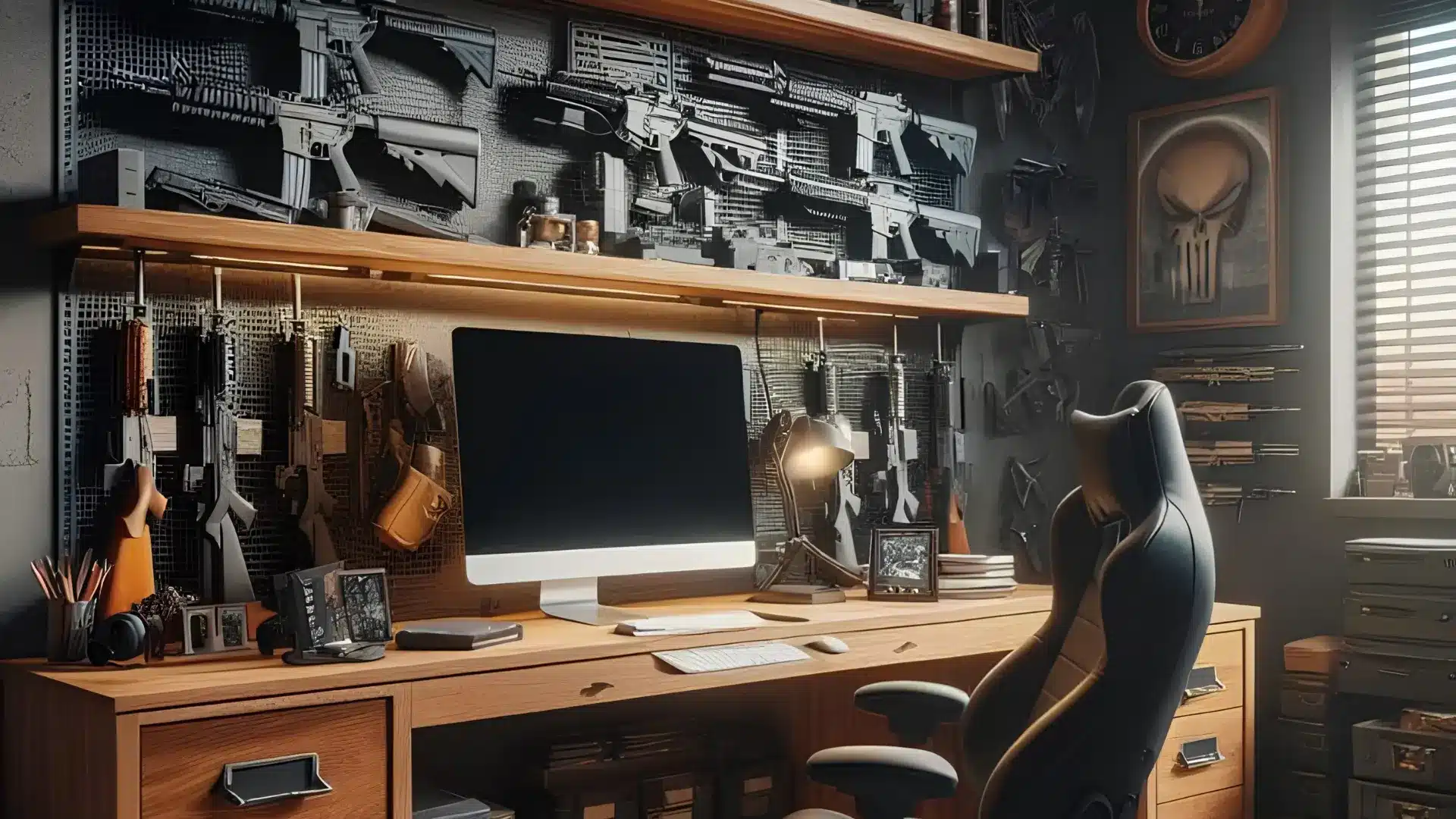 A dark office workspace featuring a wooden desk with a computer monitor, surrounded by wall displays of mounted firearms
