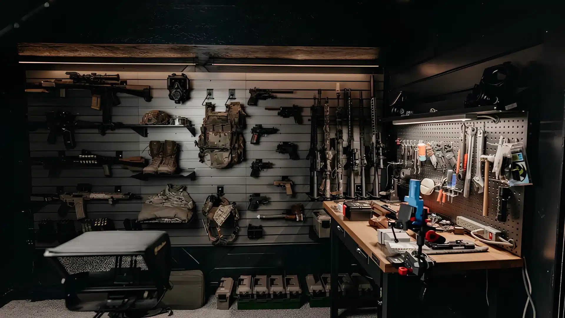 A gun room displays rifles, handguns, tactical gear, and a workbench with tools mounted on a slatwall organization system