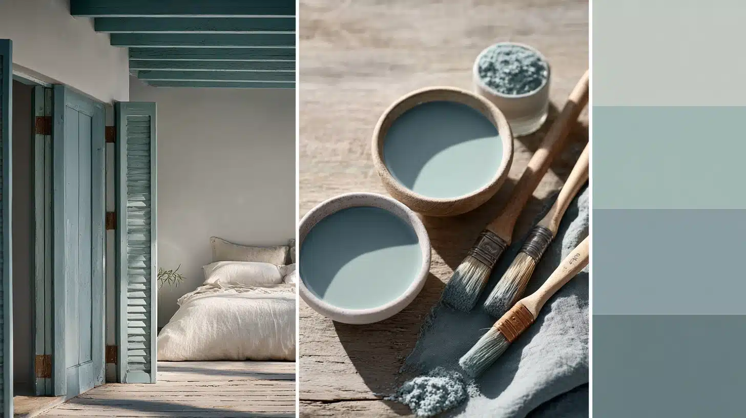 Triptych showing a light blue bedroom, bowls of teal paint and brushes, and vertical swatches of blue-green paint colors