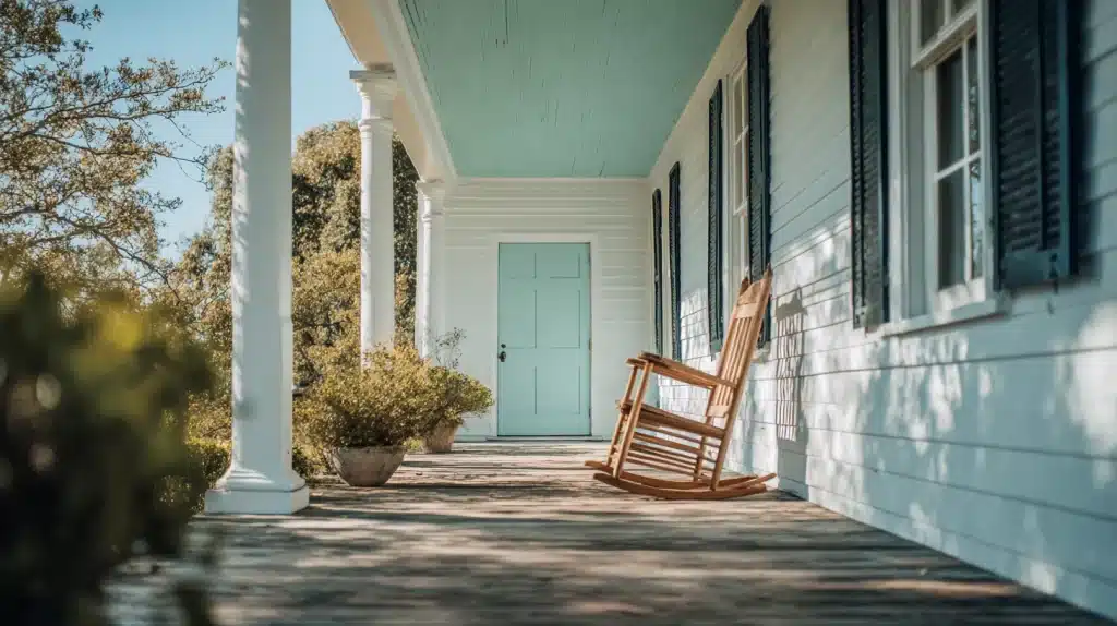A wide wooden porch features a single wooden rocking chair and a light haint blue front door under a pale blue ceiling