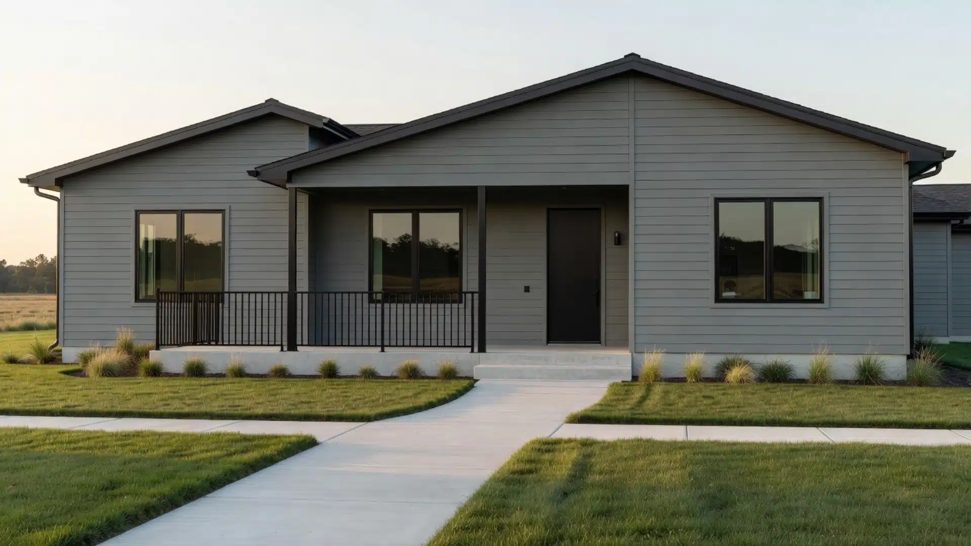 A gray house featuring black siding and a welcoming front porch