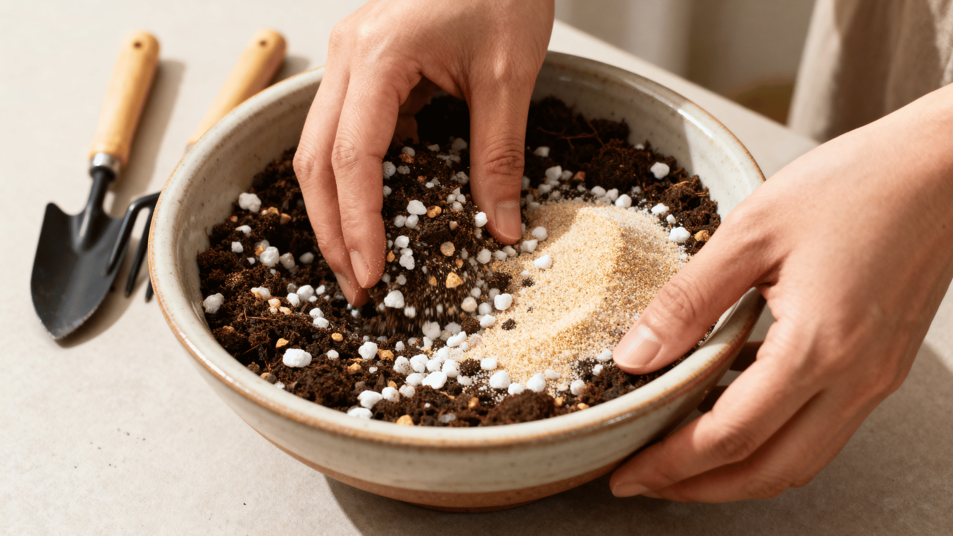 hands mixing well-draining soil with perlite for a chinese money plant indoors.