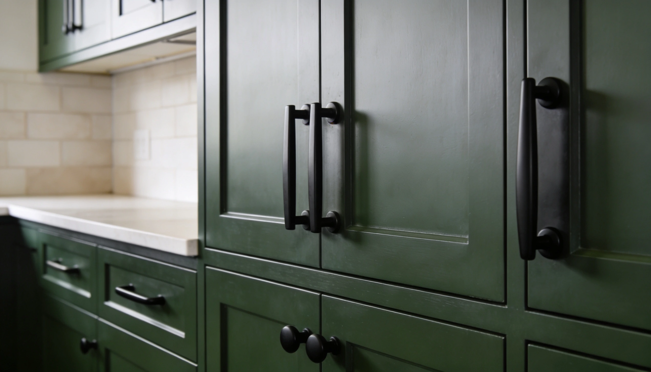 Sherwin Williams Greenblack SW 6994 kitchen cabinets with unlacquered brass, matte black, and brushed gold hardware in a minimal modern kitchen.