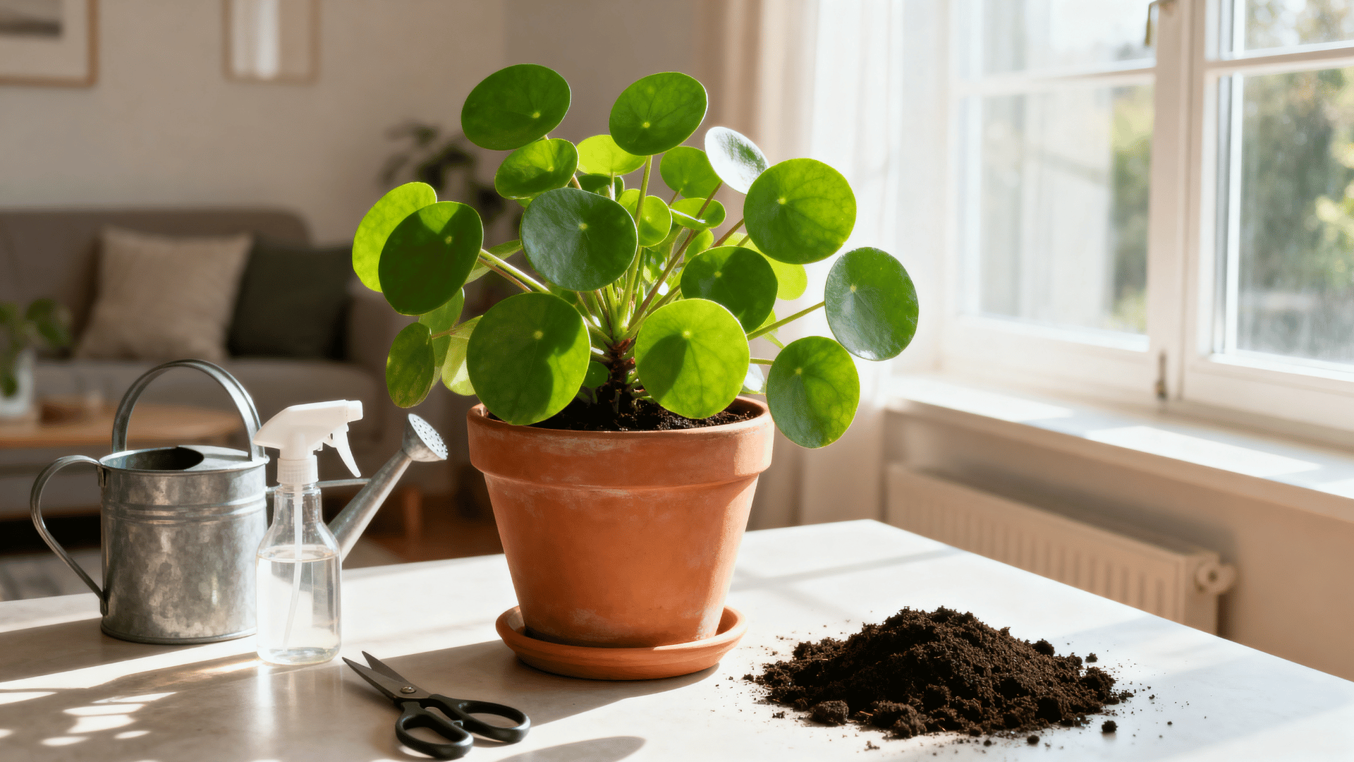 healthy chinese money plant in a terracotta pot near a sunny window with basic indoor gardening tools beside it.