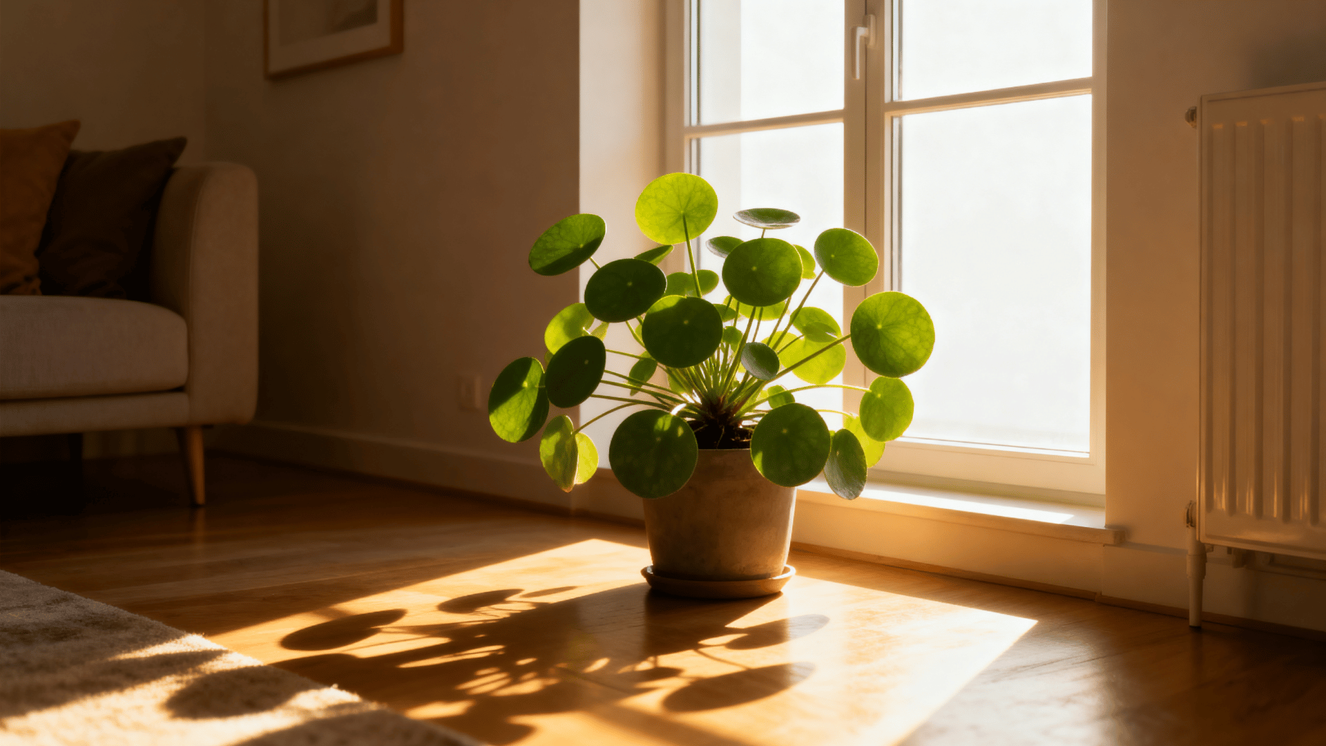 healthy chinese money plant sitting near a bright window with indirect sunlight.