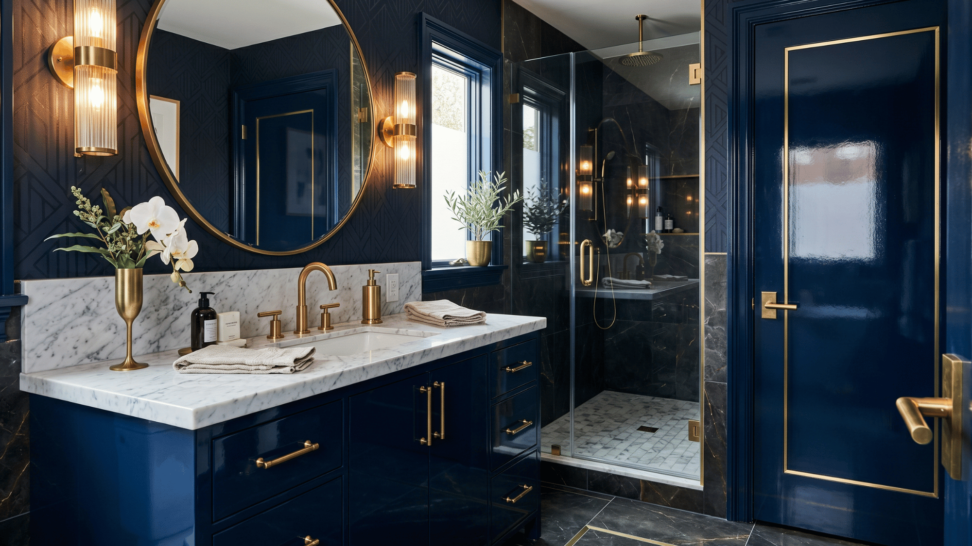 deep navy high-gloss bathroom accent wall with reflective shine