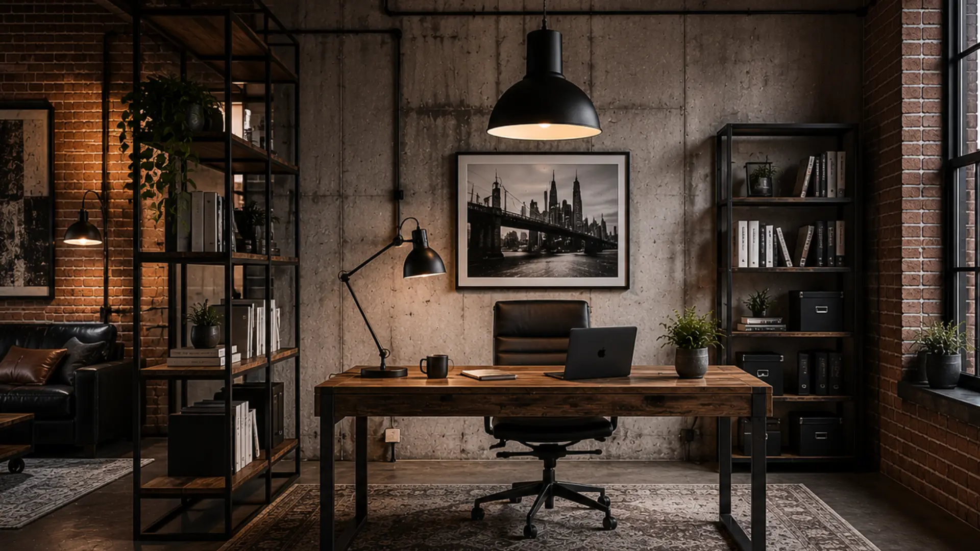 industrial loft home office with reclaimed wood desk black metal shelving and exposed brick backdrop