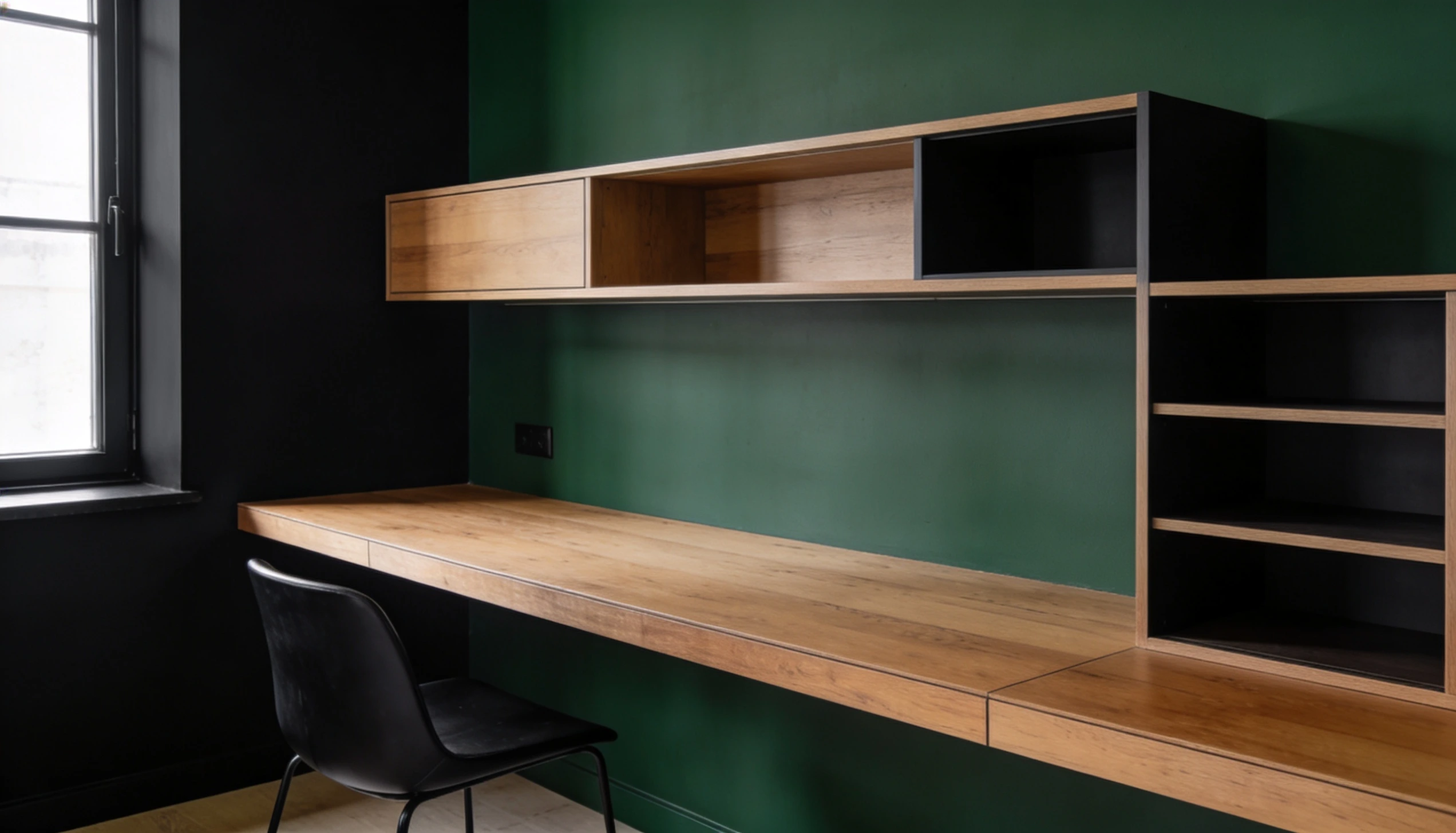 Minimal contemporary home office with Greenblack SW 6994 walls floating wood desk open shelving and soft natural lighting