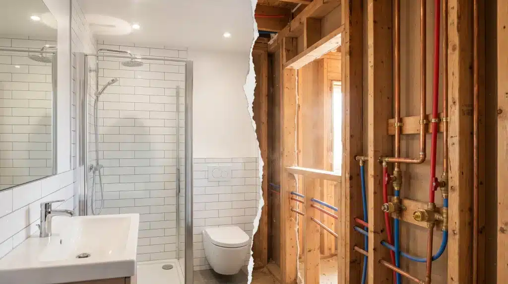 Split image showing completed bathroom with white tiles and an exposed plumbing wall under construction
