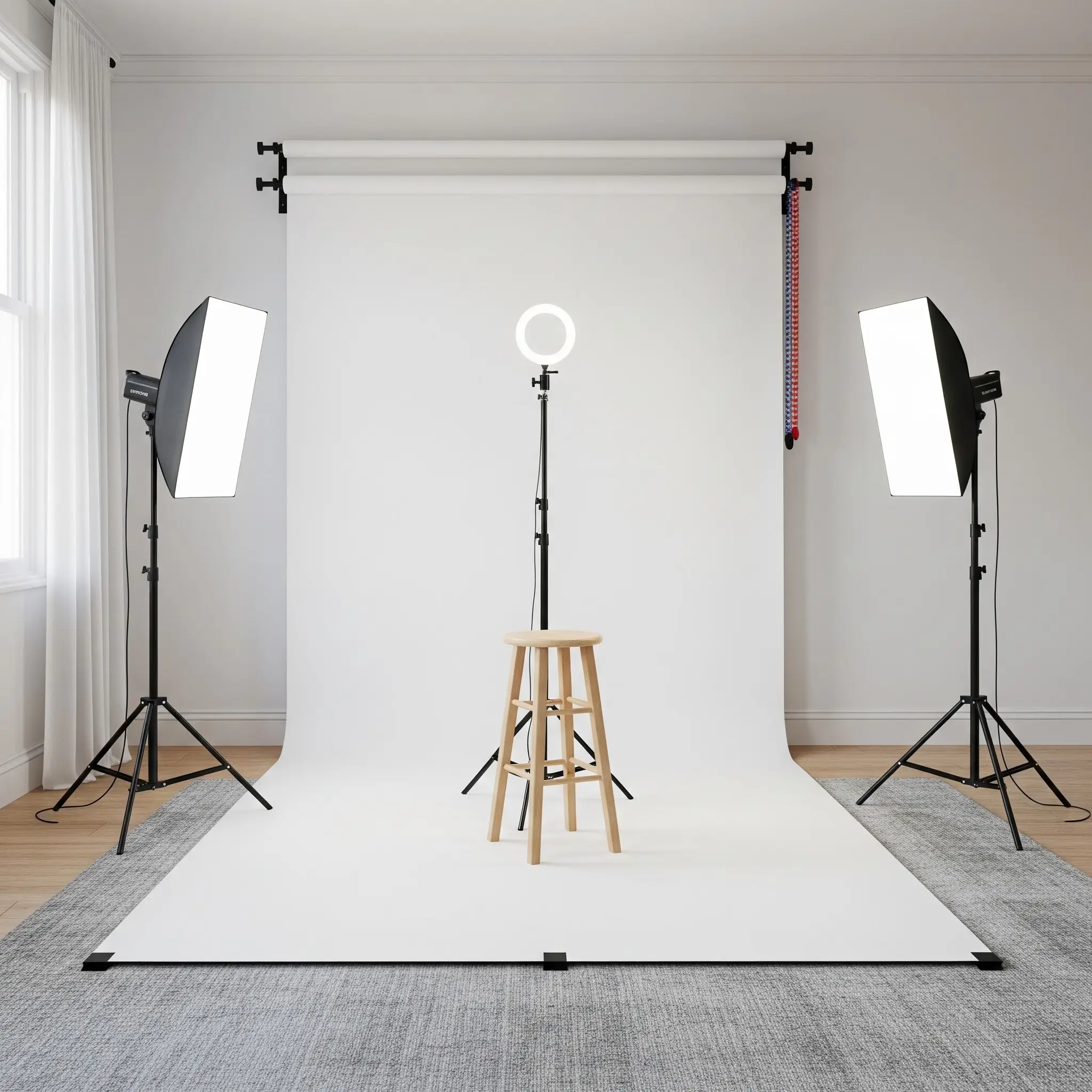 Photography studio setup with wooden stool, ring light, and softbox lights on gray carpet
