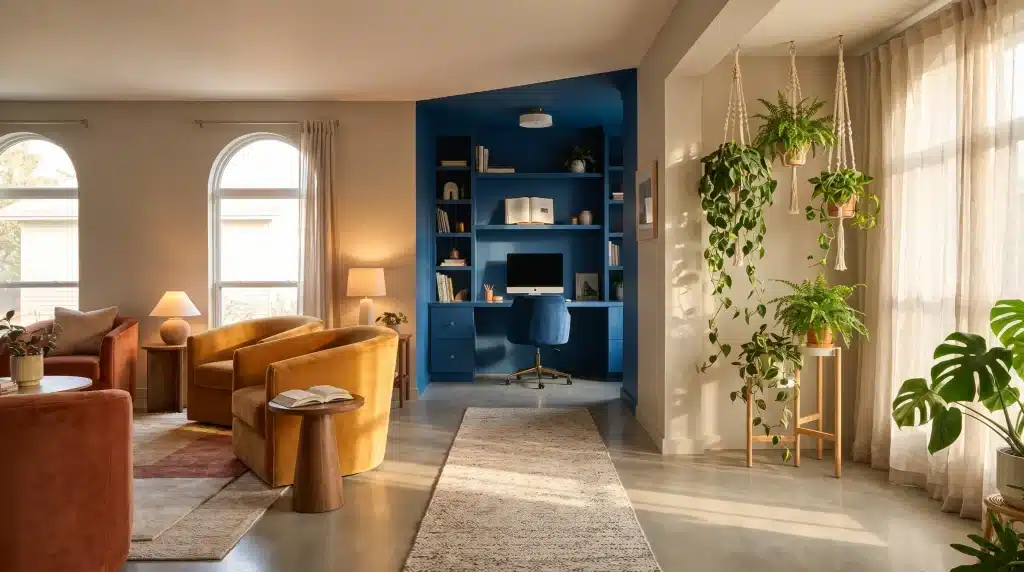 Cozy home office with mustard chairs, blue built-in shelves, hanging plants, and natural light