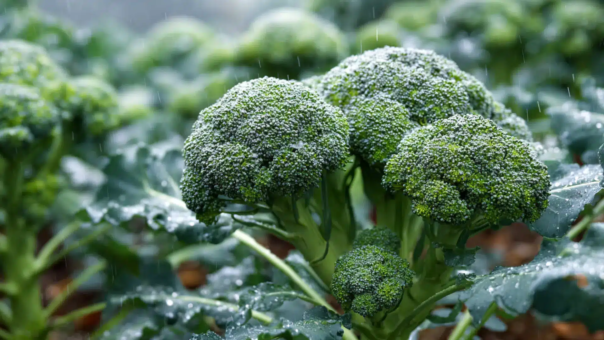 Healthy broccoli plants growing in a sunny backyard garden bed during cool spring weather with rich soil and green leaves