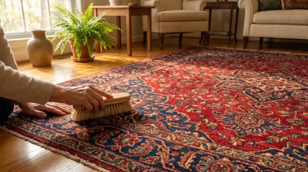 Hand brushing intricate red and blue patterned rug in cozy living room with fern and wooden furniture
