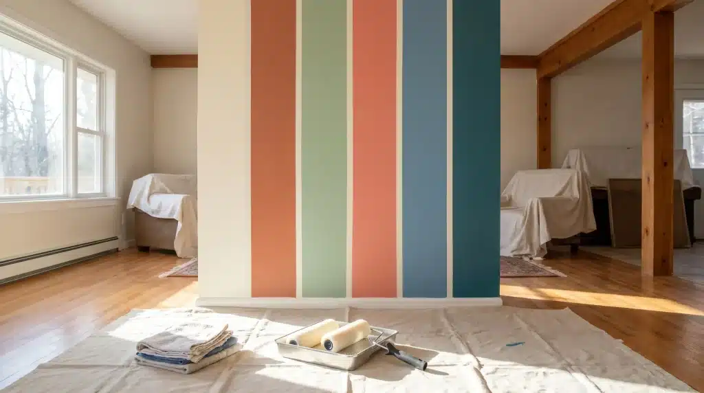 Vertical multicolored stripes on living room wall with paint rollers and drop cloth on hardwood floor