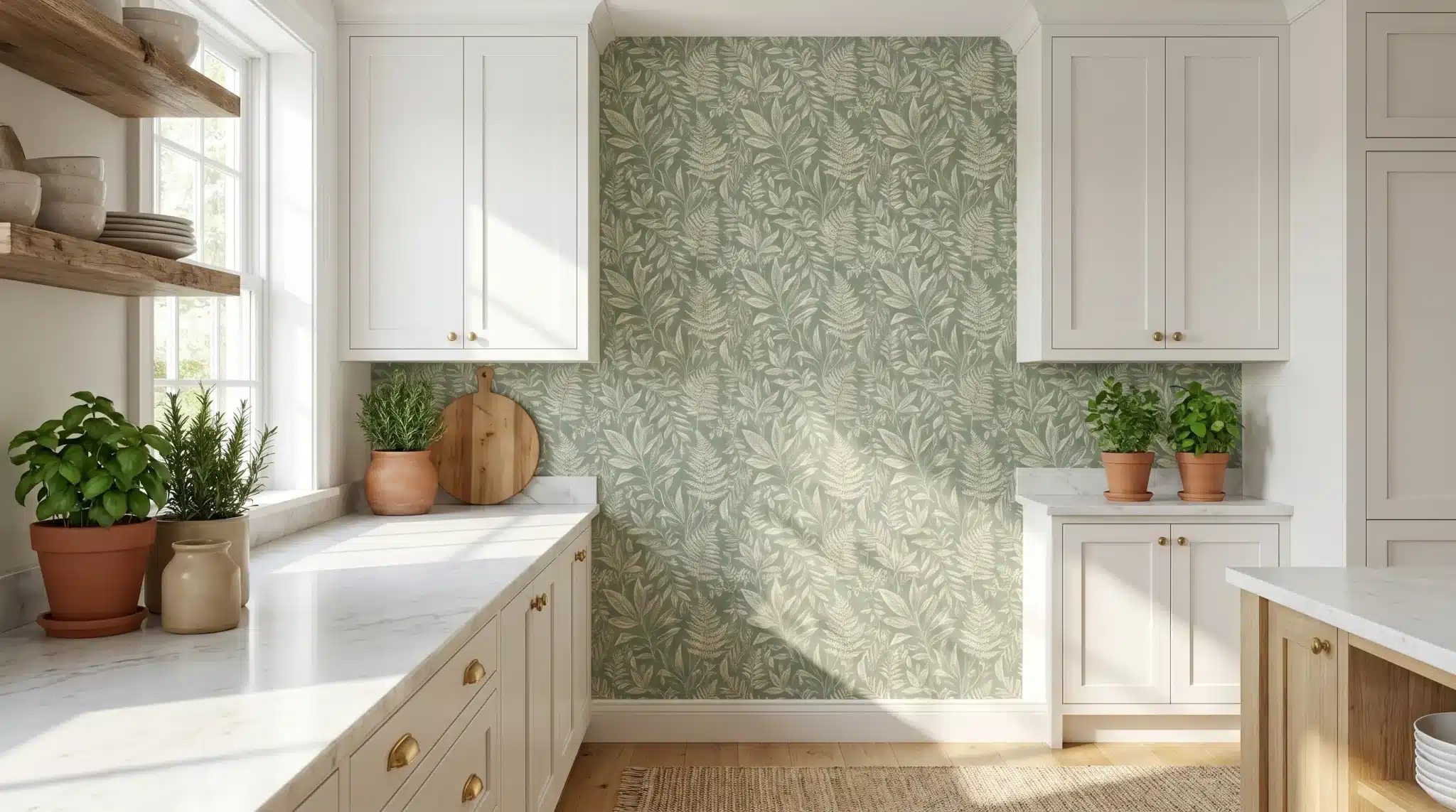 Bright kitchen with white cabinets, leafy wallpaper, and potted herbs on the countertop