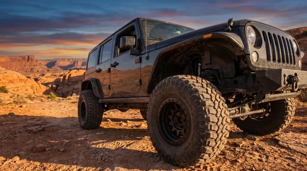 Black off-road vehicle on rocky desert terrain under vibrant sunset sky
