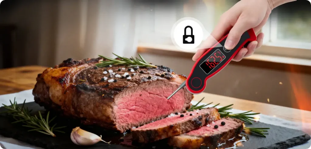 Juicy roasted beef with sliced pieces on black slate, checked with digital meat thermometer