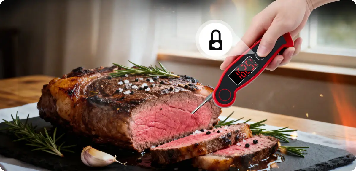 Juicy roasted beef with sliced pieces on black slate, checked with digital meat thermometer
