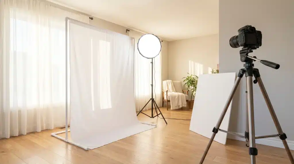 Bright photo studio setup with tripod camera, softbox light, and white backdrop in cozy room