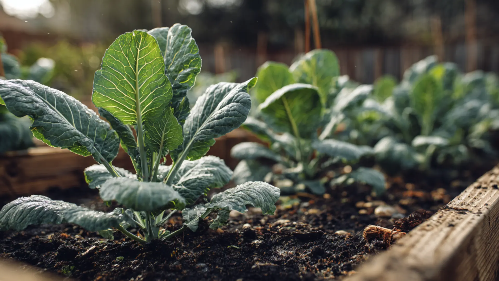Healthy broccoli plants growing in cool weather conditions with mulch and shade protection in a home garden
