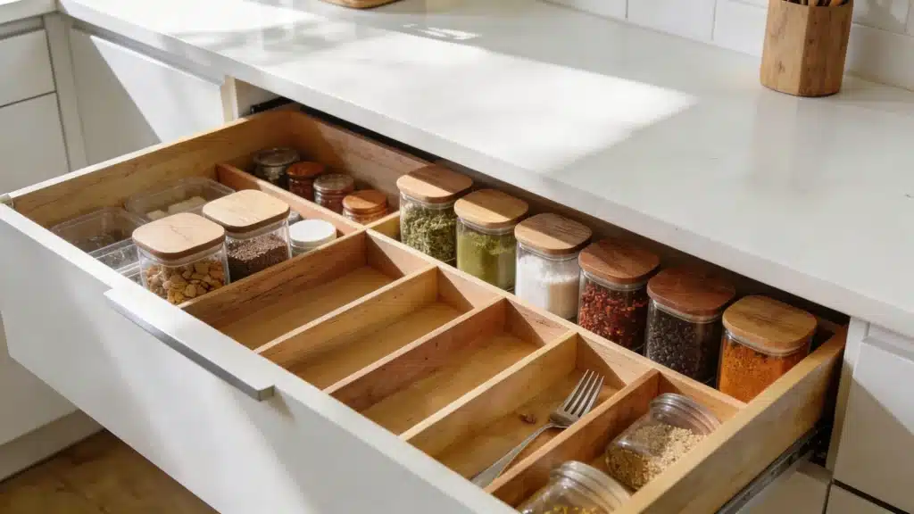 Three open white kitchen drawers reveal organized contents.