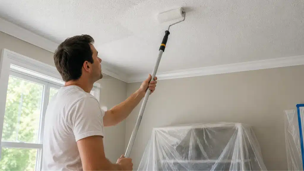 Man using an extension pole and paint roller to apply white paint to a textured ceiling indoors.