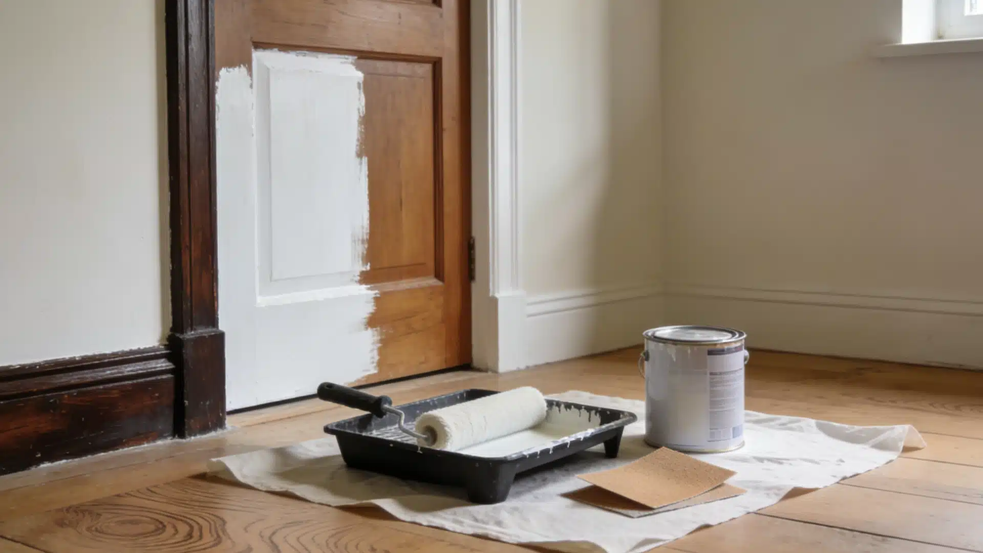 A wooden door is partially painted white over its natural finish, with painting supplies including a roller in a tray, paint can, and sandpaper resting on a drop cloth on the wooden floor