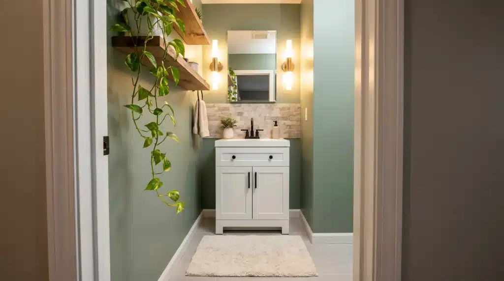 Small bathroom with white vanity, wall-mounted plant, and green walls under warm lighting