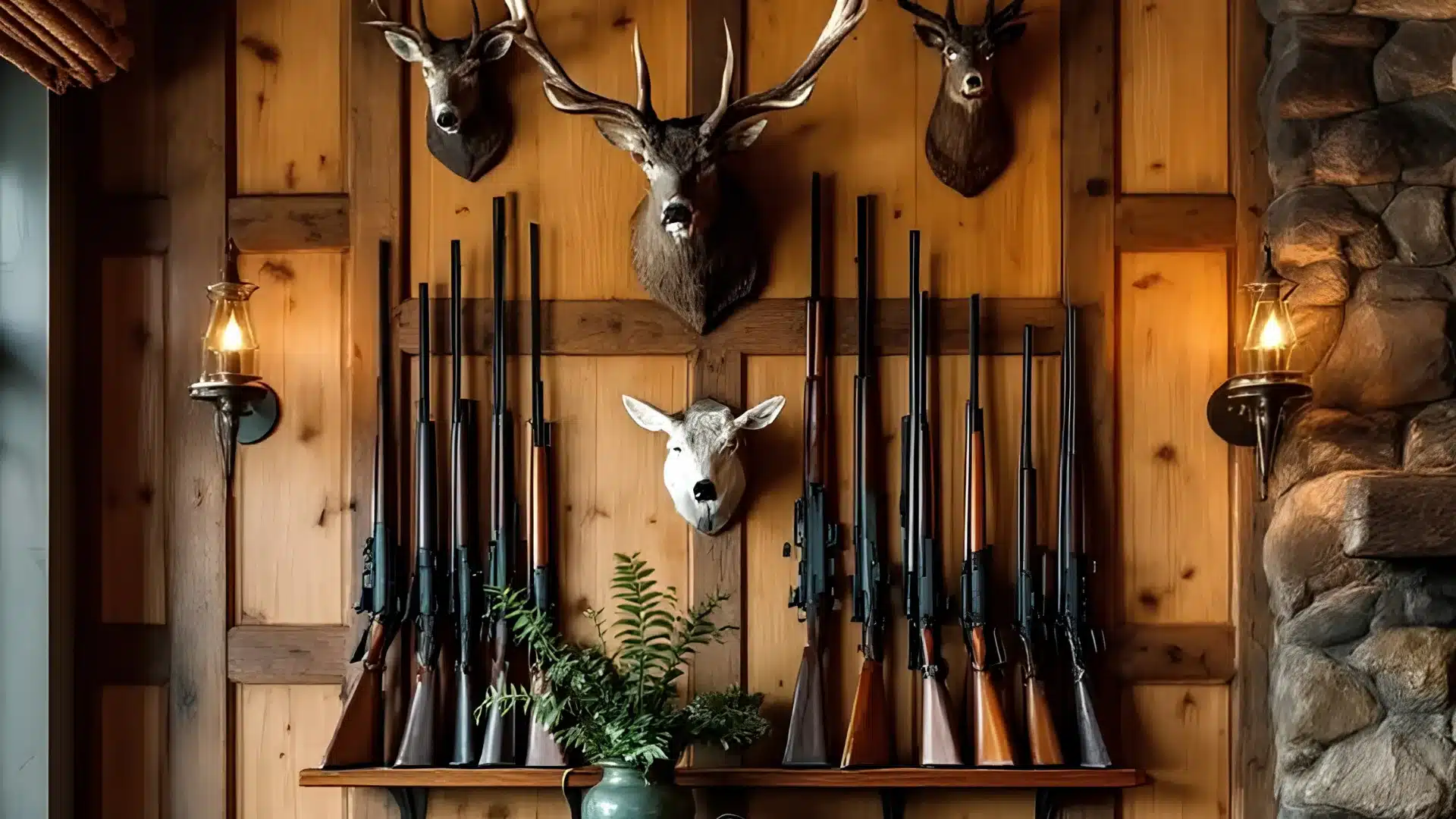 A rustic interior display featuring mounted deer heads and several rifles standing vertically on a wooden shelf
