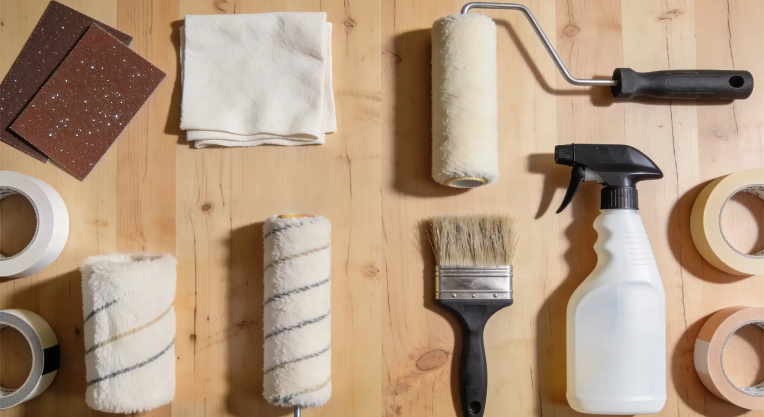 Assortment of painting supplies including rollers, brushes, sandpaper, cloths, tape, and a spray bottle arranged on a wooden surface.