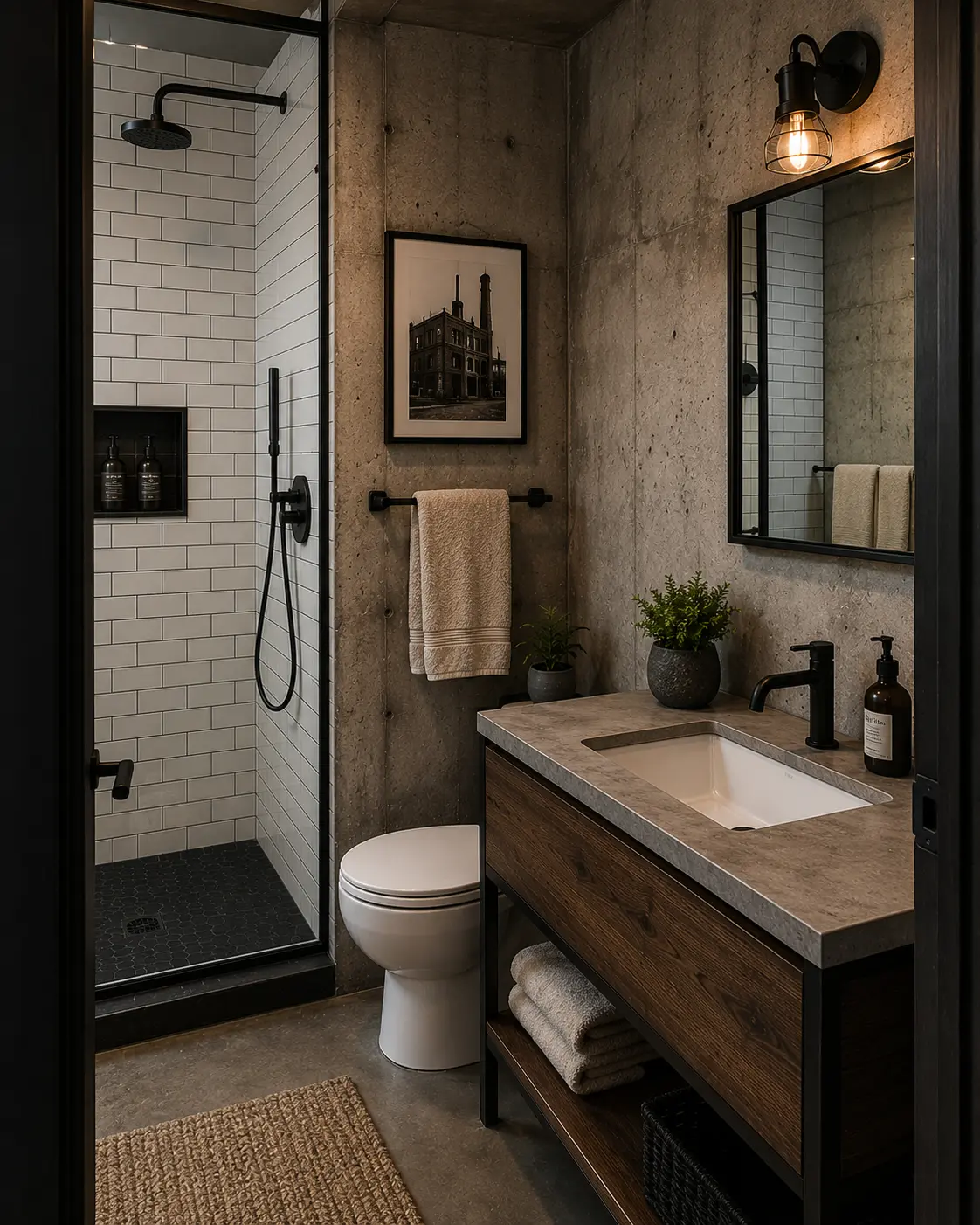 small industrial loft bathroom with concrete walls subway tiles matte black fixtures and single wash basin vanity