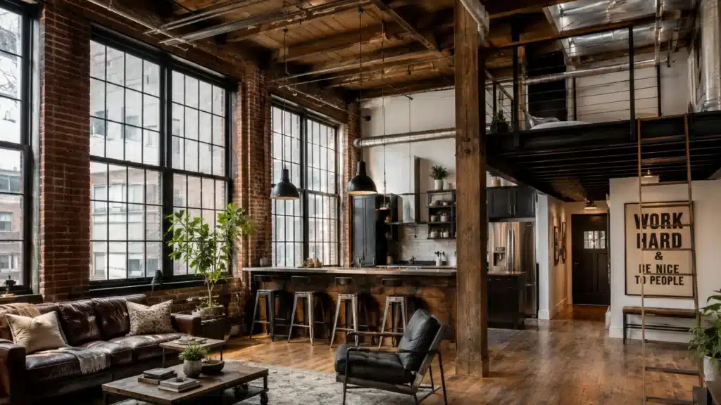 industrial loft living room with charcoal sofa reclaimed wood coffee table exposed brick wall and black metal shelves
