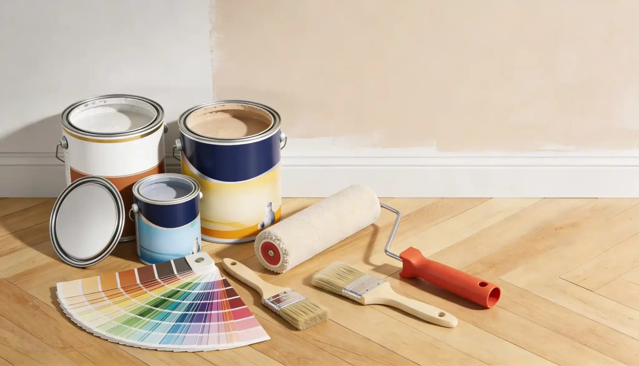 Paint cans, a color swatch fan deck, brushes, and a roller rest on a light wood floor next to a wall partially painted in a beige tone.