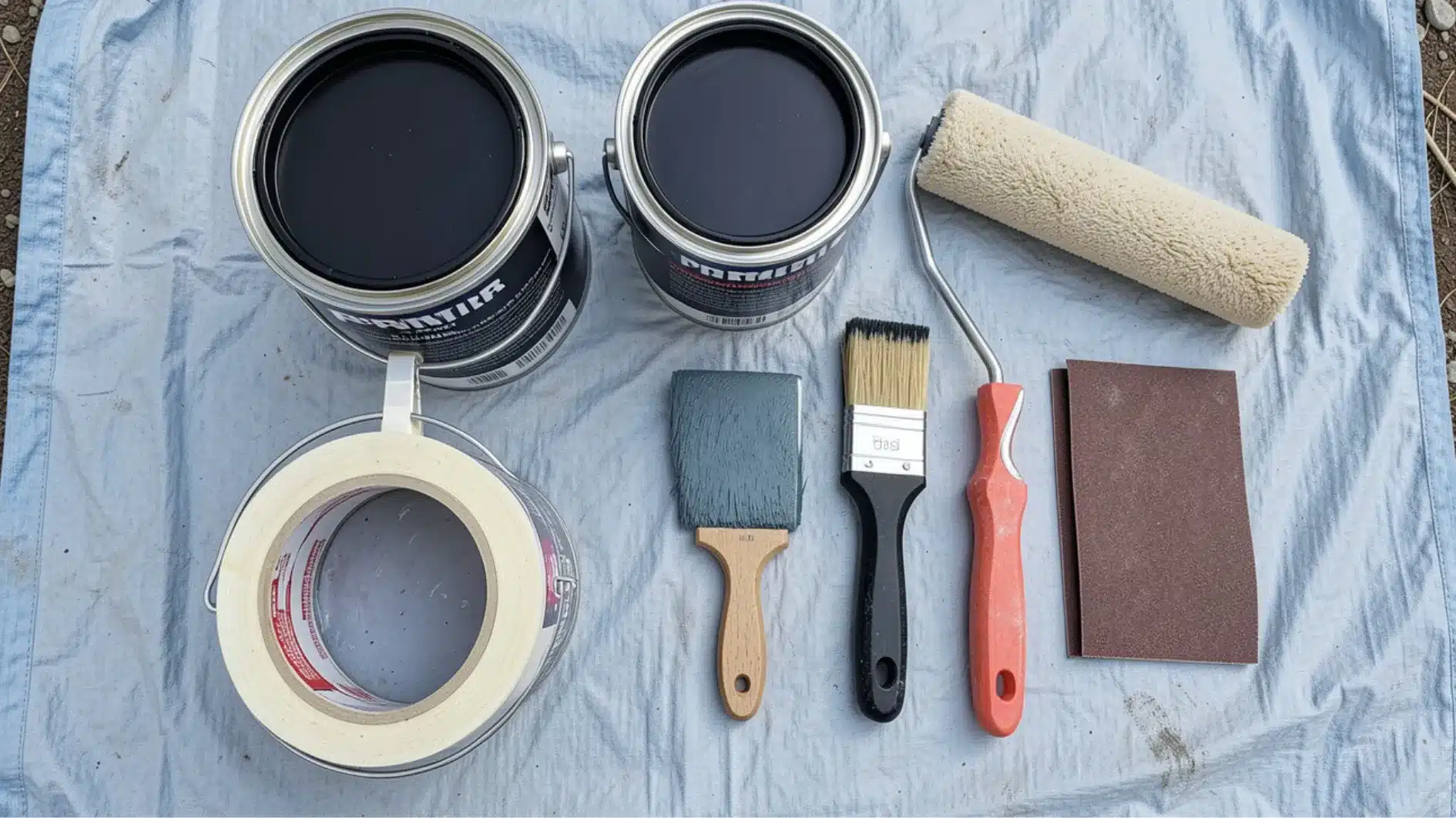Two cans of black paint, painter's tape, two paint brushes, a roller, and sandpaper laid out on a light blue drop cloth.